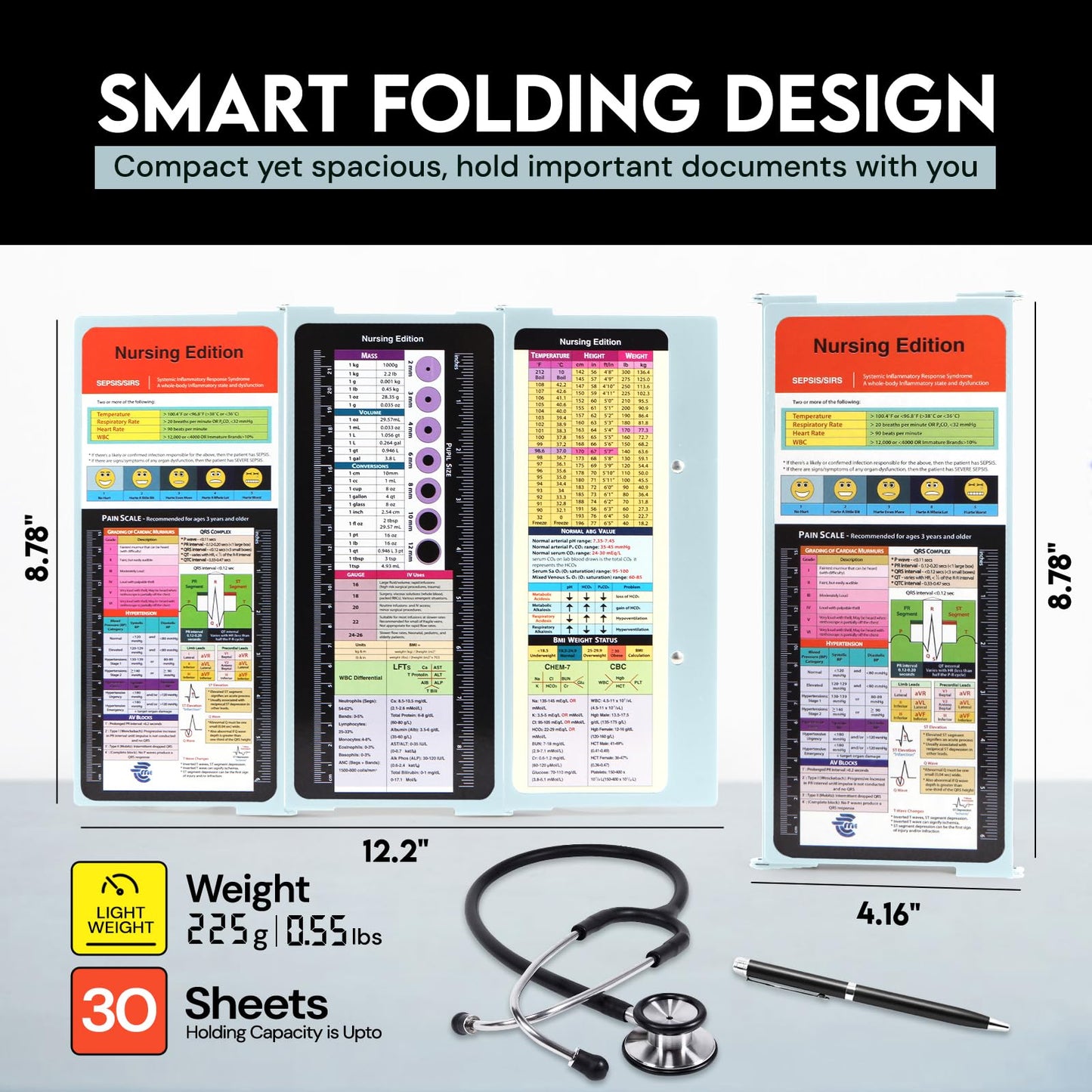 Nursing Clipboard Foldable with Medical Edition Cheat Sheets, 3 Layers Aluminum Foldable Clipboard for Nursing, Notepad for Students, Nursing School Essentials (Mint)