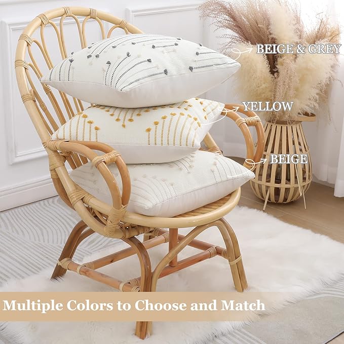 Mecatny Boho Outdoor Throw Pillow Covers 20X20 Set of 2, Farmhouse Decorative Pillow Covers for Couch Sofa Living Room, Yellow & White