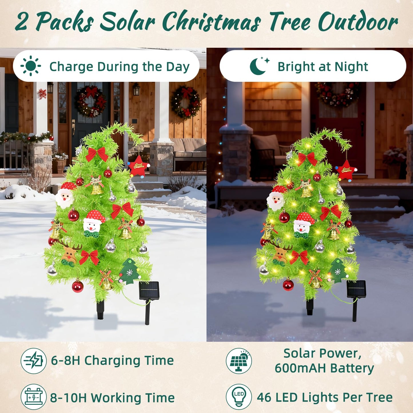 2 Pack Solar Christmas Tree, 31.5" Outdoor Whimsical Christmas Tree, Bendable Xmas Trees with LED Light & Ornaments, Waterproof Solar Christmas Lights for Yard, Pathway, Outdoor Christmas Decor