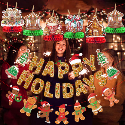 Happy Holidays Banner and Decorations - Gingerbread Christmas Banner and Decorations for Holidays
