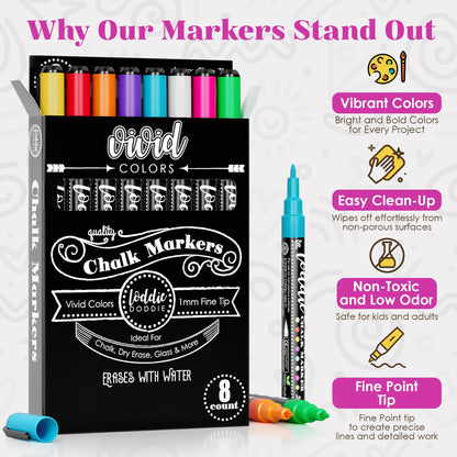 Loddie Doddie Fine Tip Liquid Chalk Markers - Pack of 8, 1mm Tip - Precision Chalk Pens for Chalkboard Calendar - Quick-Wipe Washable Glass Dry Erase Pens - Vibrant Neon Car Window Markers