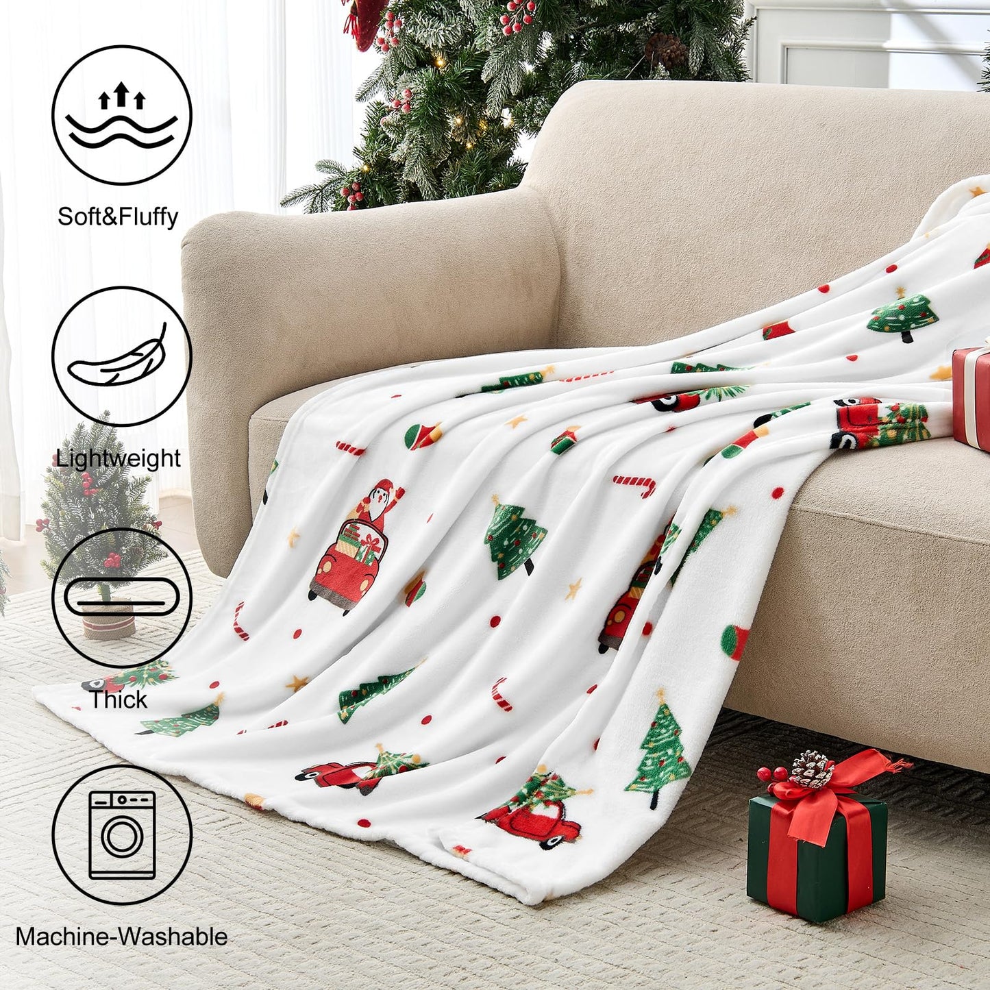 Edenleaf Christmas Blanket - White Holiday Throw with Santa Claus & Snowman - Warm Cozy Fleece Winter Blanket, 50x60 Inches，White