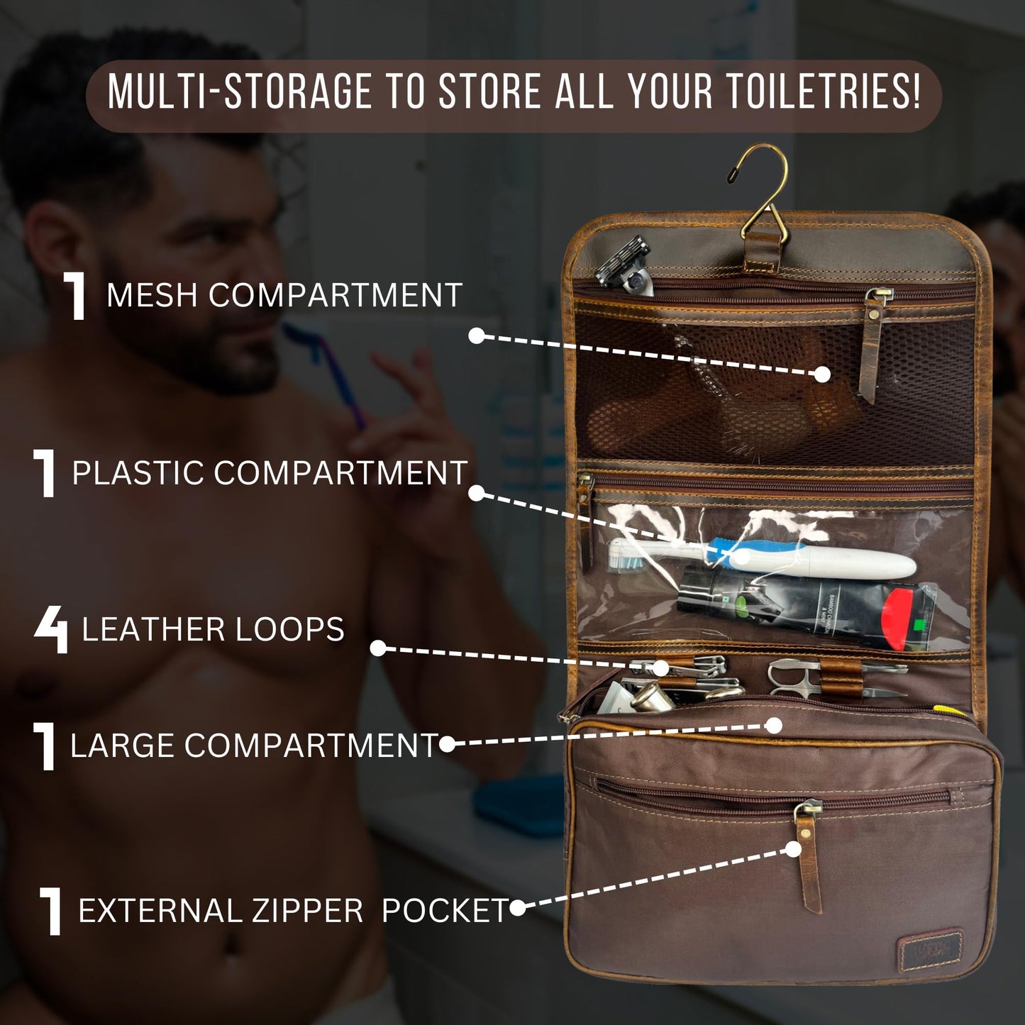 RUSTIC TOWN Leather Hanging Toiletry Bag for Men - Travel Shaving Dopp Kit - Bathroom Shower Toiletries Organizer - Leather Cosmetic Makeup Bag for Women