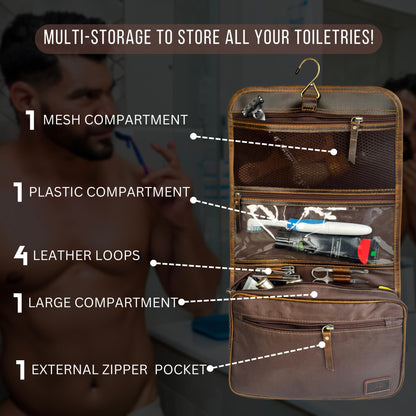 RUSTIC TOWN Leather Hanging Toiletry Bag for Men - Travel Shaving Dopp Kit - Bathroom Shower Toiletries Organizer - Leather Cosmetic Makeup Bag for Women