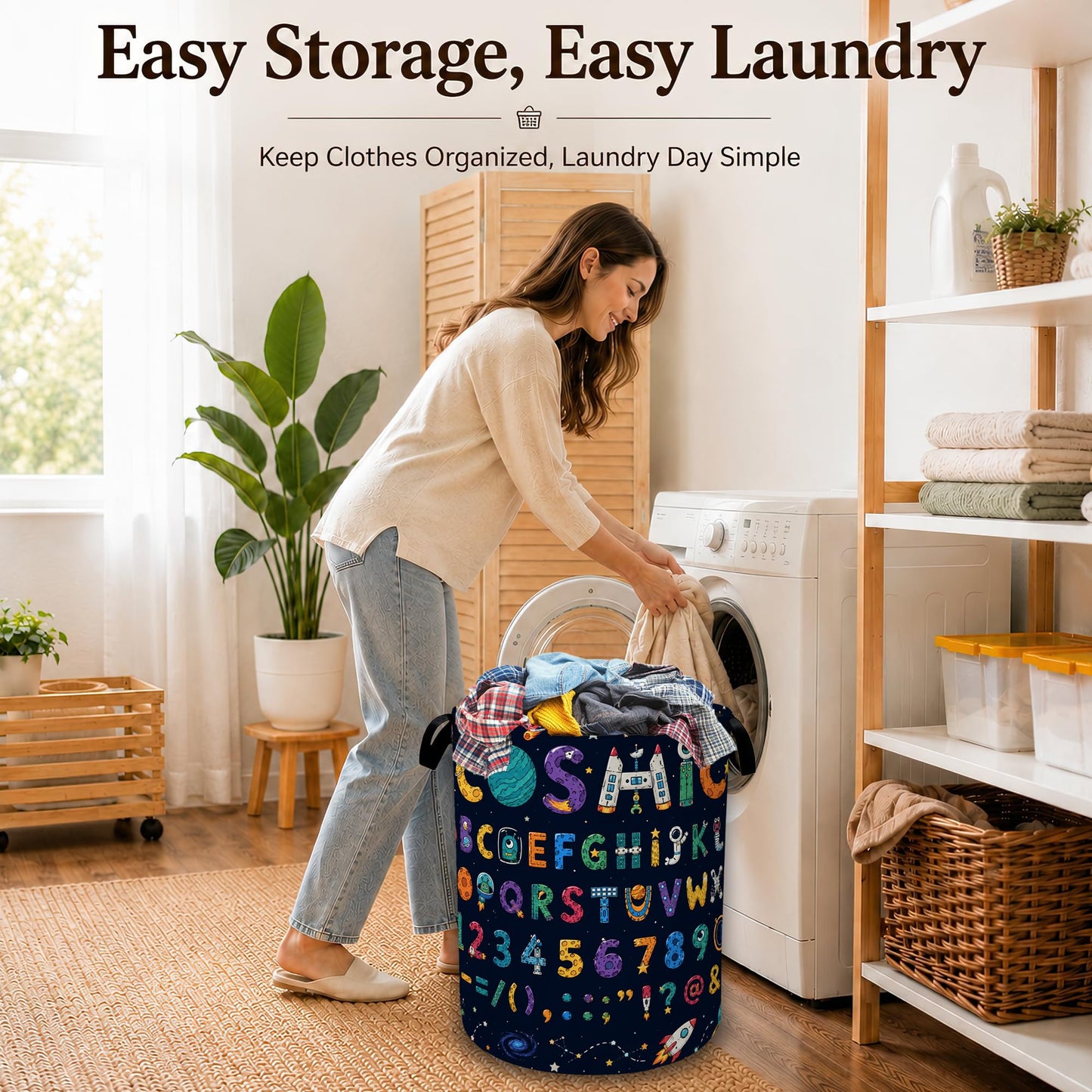 Cosmic Alphabet Space Collapsible Laundry Hamper for Bedroom, Freestanding Oxford Clothes Basket, Large Foldable Storage Bin with Easy-Carry Handles for Bathroom Dorm Laundry Room