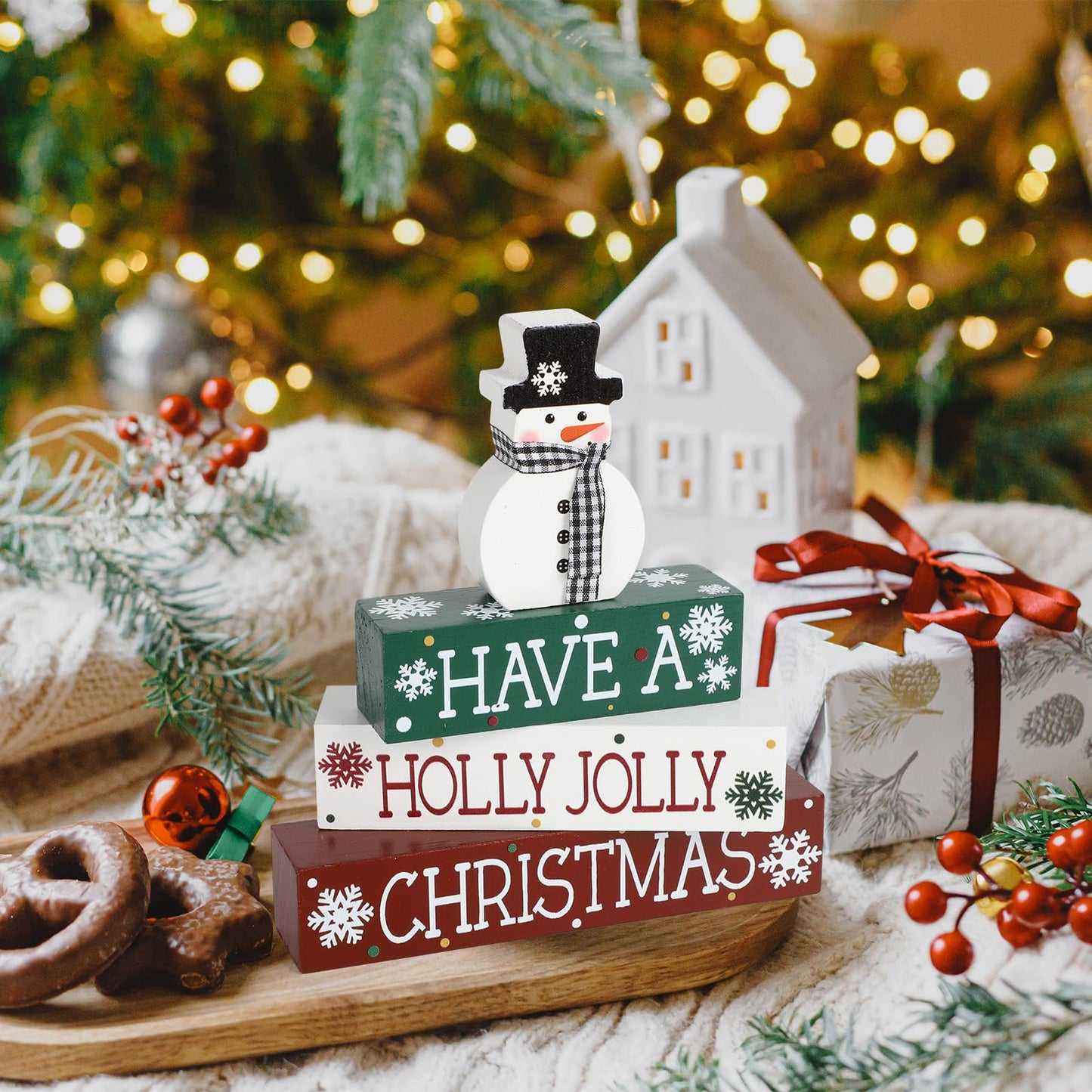 4 Pcs Christmas Decorations Indoor Wooden Snowman Table Sign Decor Table Centerpieces Xmas Merry Christmas Tabletop Block for Holiday Office Desk Tiered Tray Party Shelf Decor Farmhouse Winter