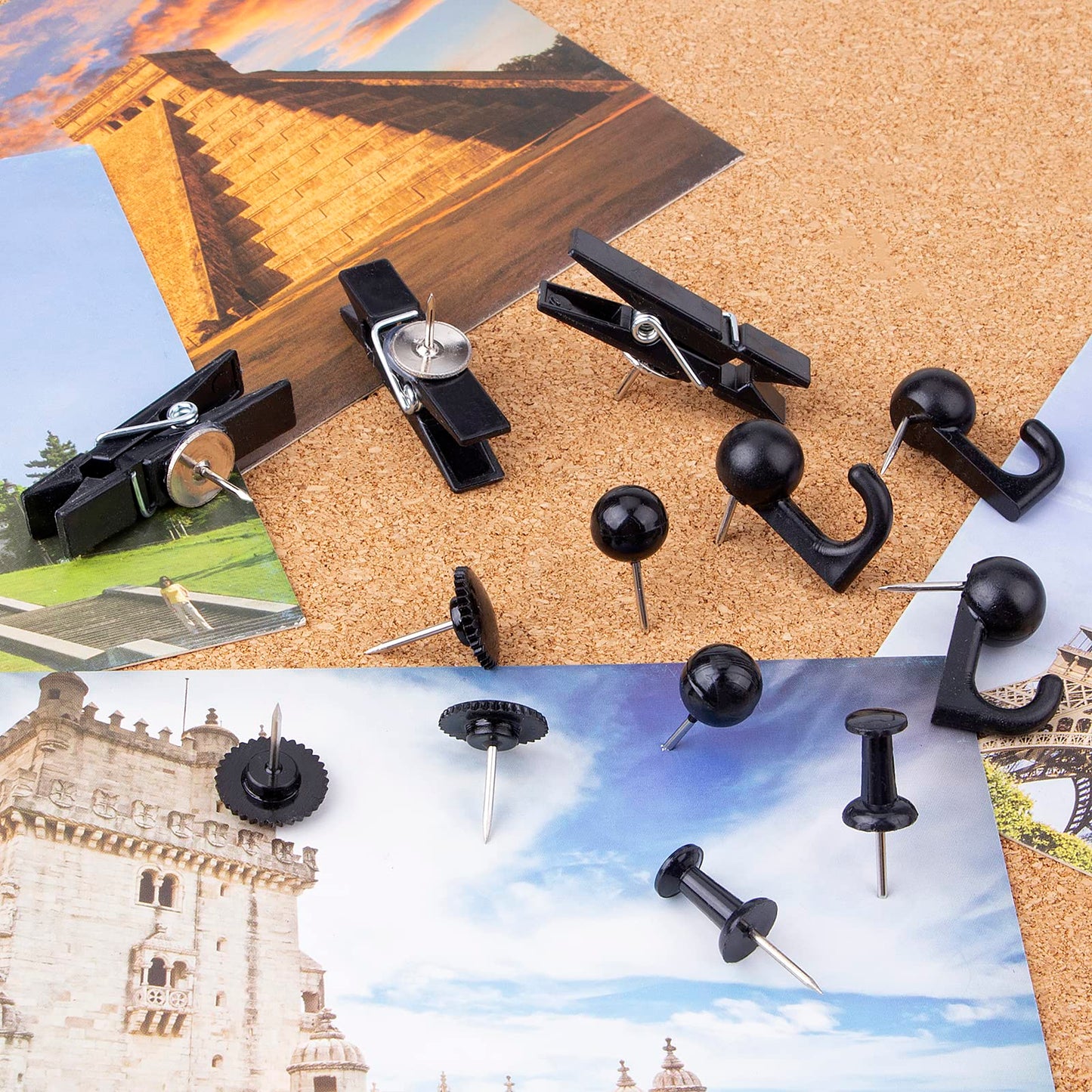 Push Pins Set, 5 Styles Thumb Tacks Map Pins, Steel Point Pushpins Thumbtacks for Cork Board Bulletin Boards (Black-140pcs)