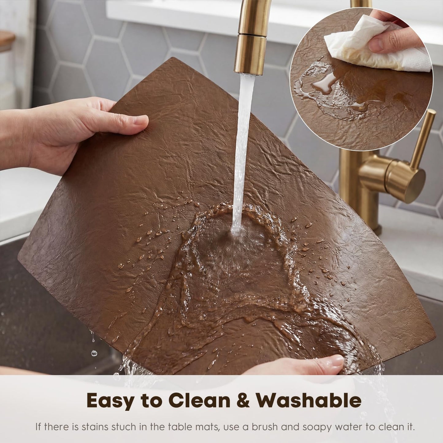 Artoid Mode Brown Faux Leather Placemats Set of 6, 12x18 Inch Waterproof Wipeable Heat Resistant Vinyl Place Mats, Reversible Table Mats for Kitchen Dining Decor