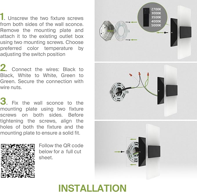 ASD 8 Inch LED Indoor Wall Sconce - Modern Interior 10W 120V 2700K-5000K Adjustable Dimmable Wall Mounted Light Fixtures, Acrylic Glass Wall Lights for Stairway, Hallway - ETL, Matte Black 2 Pack