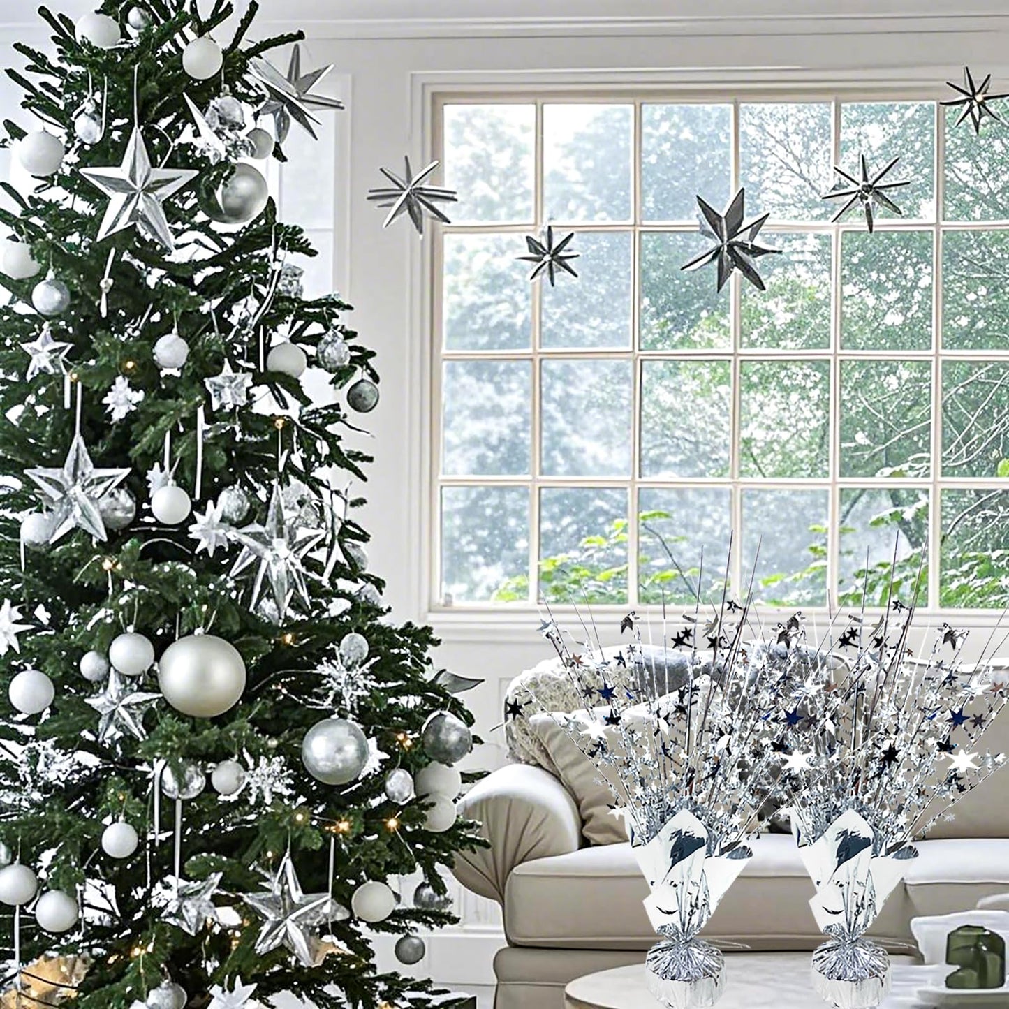 FUBININA 6 Pack Metallic Foil Spray Centerpiece Star Table Decoration Burst Glitter Tabletop Centerpieces for Birthday Christmas New Years Nye Wedding Graduation Holiday Party Supplies Decor, Silver