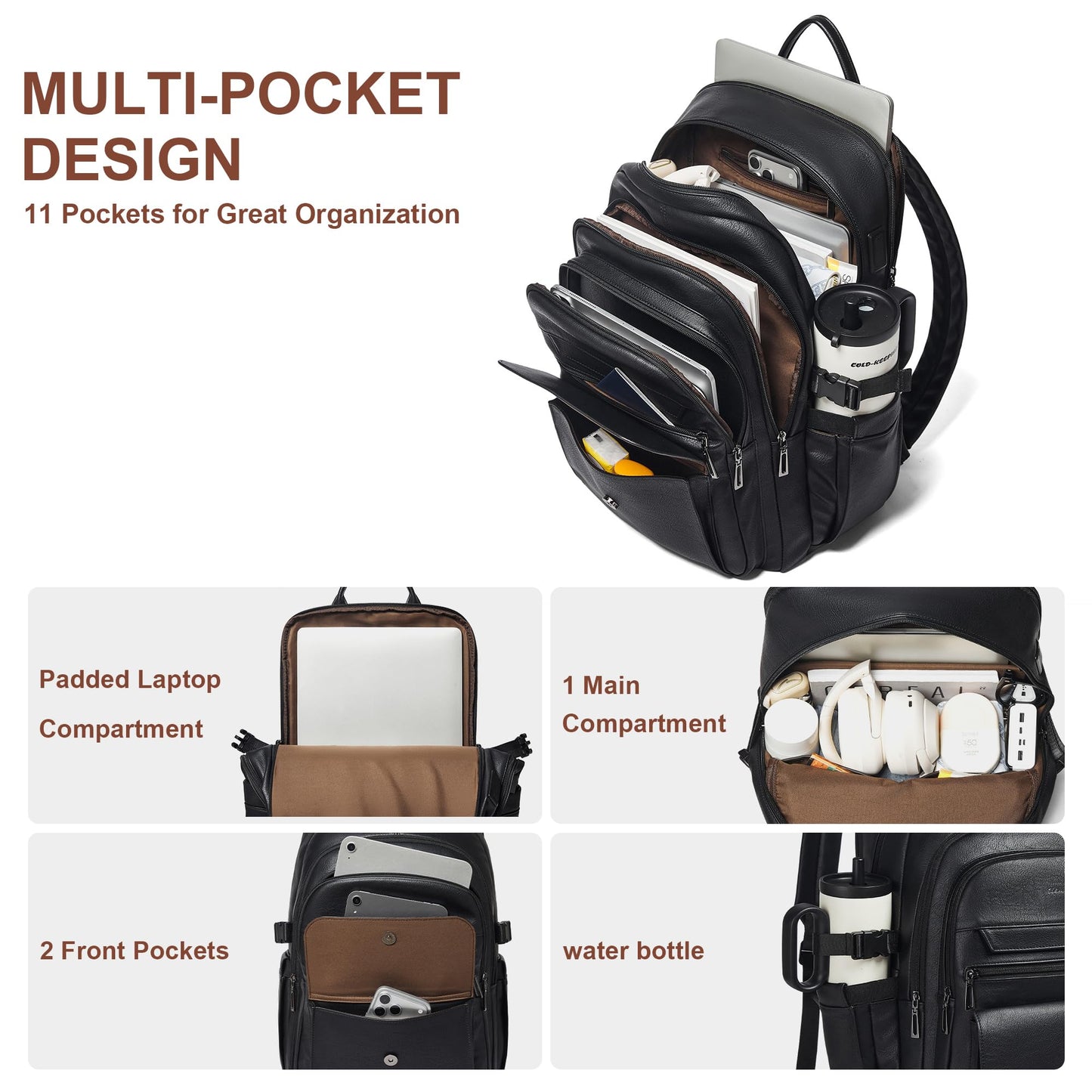 tiamyi Vegan Leather Backpack, TSA Travel Backpack for Men and Women, Fits 17.0 Inch Notebook with Luggage Strap and USB Port, Black