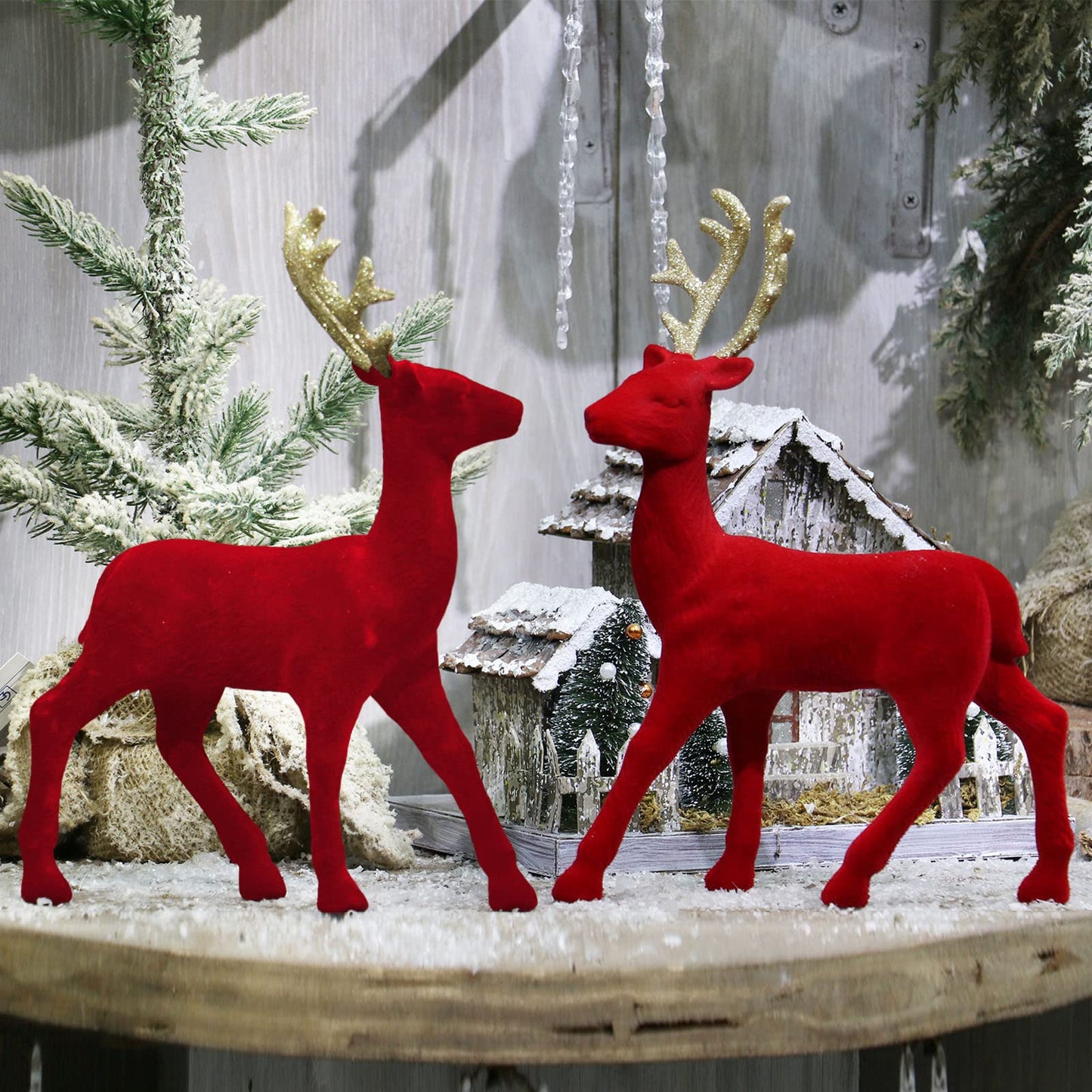 Season 2 Season Christmas Reindeer Tabletop 2 Set 12.5" H Red Flocking Standing Deer Decorations, Indoor Decorative Ornaments for Kitchen Mantle Shelf Office Home Décor