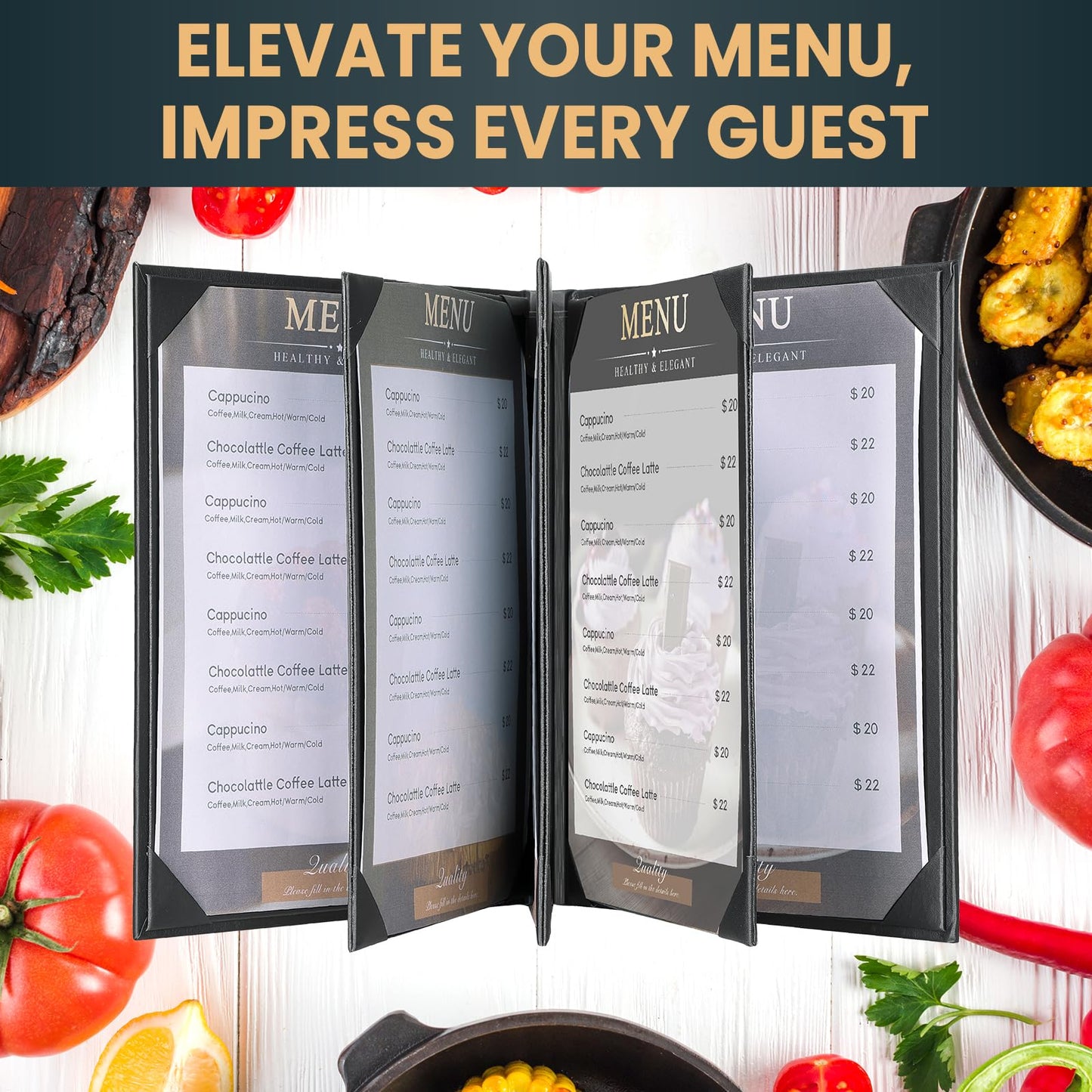 AMGSH 6 Pack 8 View Menu Holder Menu Covers 8.5" x 11" | Restaurant Menu Covers Diploma Cover Black Leather Menu Sleeves Book Style for Restaurant Coffee Bars Wine List Fit for Letter Size Paper