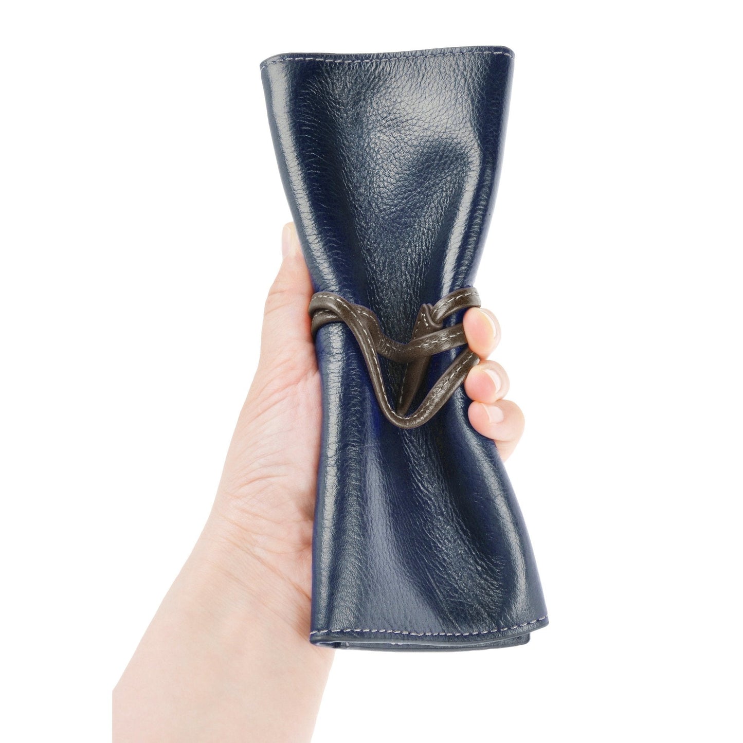 ZLYC Handmade Leather Pencil Case Soft Roll Bag Stationery Gift for Student, blue, Travel Vintage