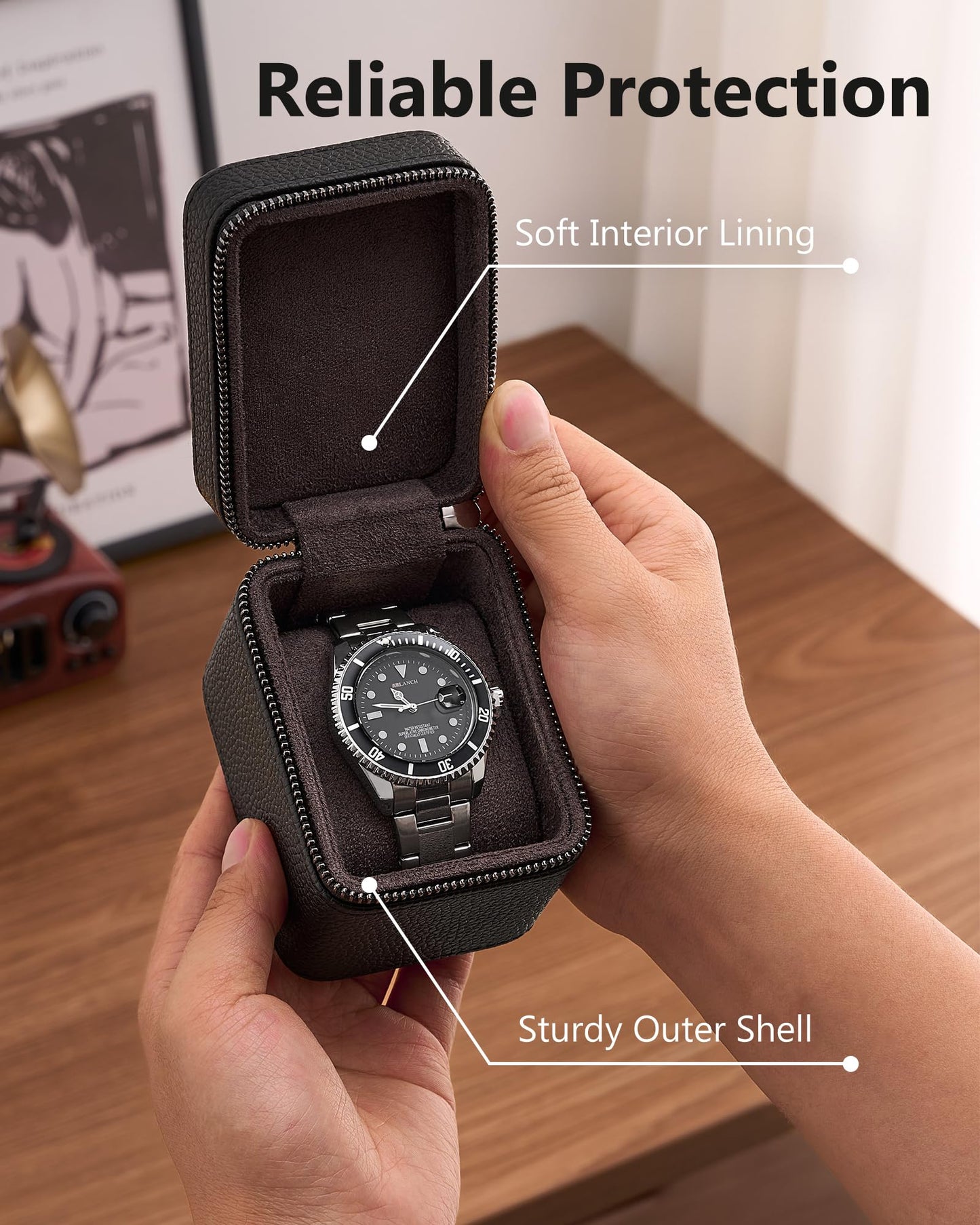 ProCase Single Watch Travel Case for Men, PU Leather Portable Watch Holder, Compact Small Carrying Storage Box for Luxury Watches & Smartwatches with Jewelry Compartment, Fathers Day Gift -Black