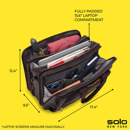 Solo New York Briefcase - Laptop Carrying Bag for Women & Men, Brief for Travel & Work, Padded Shoulder Strap, Premium Leather Body, Fits 15.6" Computer - Espresso