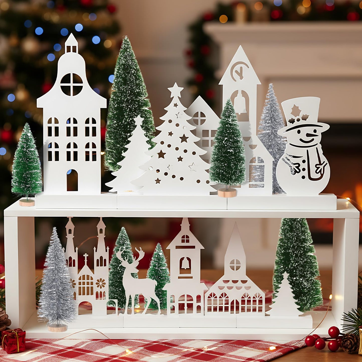 Kathfly 16 Pcs Christmas Village Set with White Base Christmas Village Houses Include Wooden Houses Tree Elk Cedar Pine and Snowmen Farmhouse Tabletop Decor for Decorative Signs Plaques Centerpieces