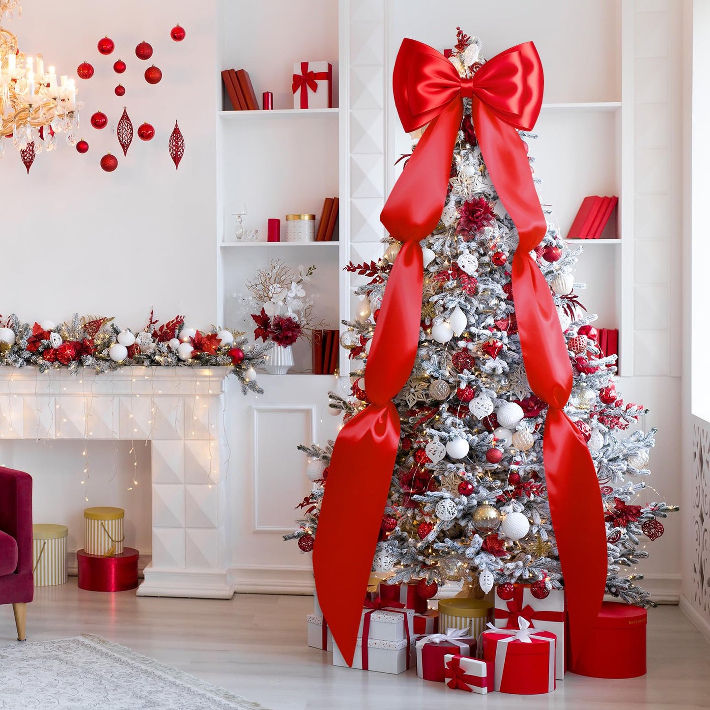 Gejoy Extra Large Christmas Tree Topper Bow 118 x 28 Inch Giant Satin Red Bow with Huge Long Streamer Oversized Double Layer Burgundy Gift Wrapping for Holiday Xmas Tree Decoration Home Party Decor