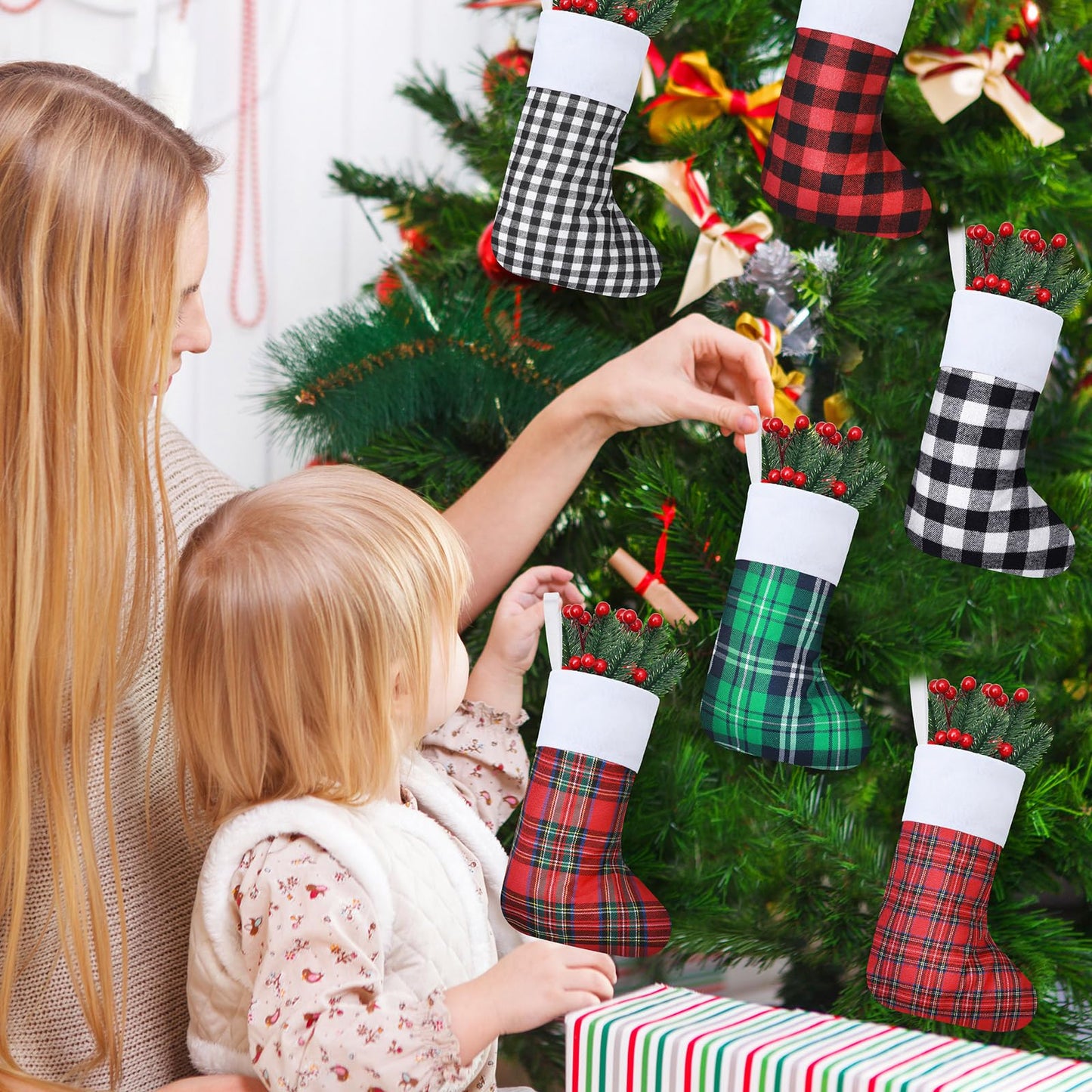 Skylety 36 Pcs Mini Christmas Stockings 8.27 Inch Small Buffalo Plaid Red Black Stockings Hanging Ornament Classic Bulk Christmas for Family Holiday Party Gift Xmas Tree Decoration