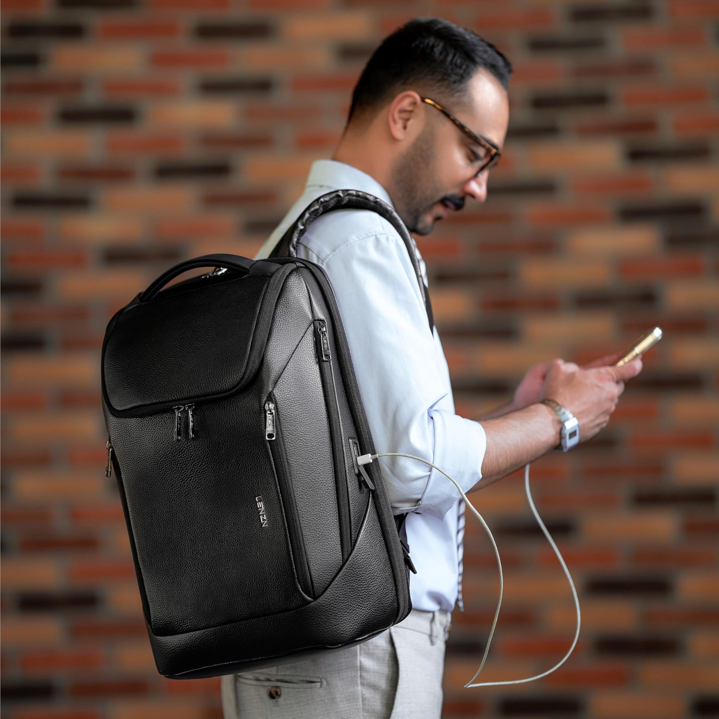LENZN Durable Leather Laptop Business Backpack Perfect for Men & Women, Work Backpack Fits 15.6 Inch, Premium Quality Travel Bag with USB Charging Port, Water-Resistant, Bookbag with Multiple Pockets