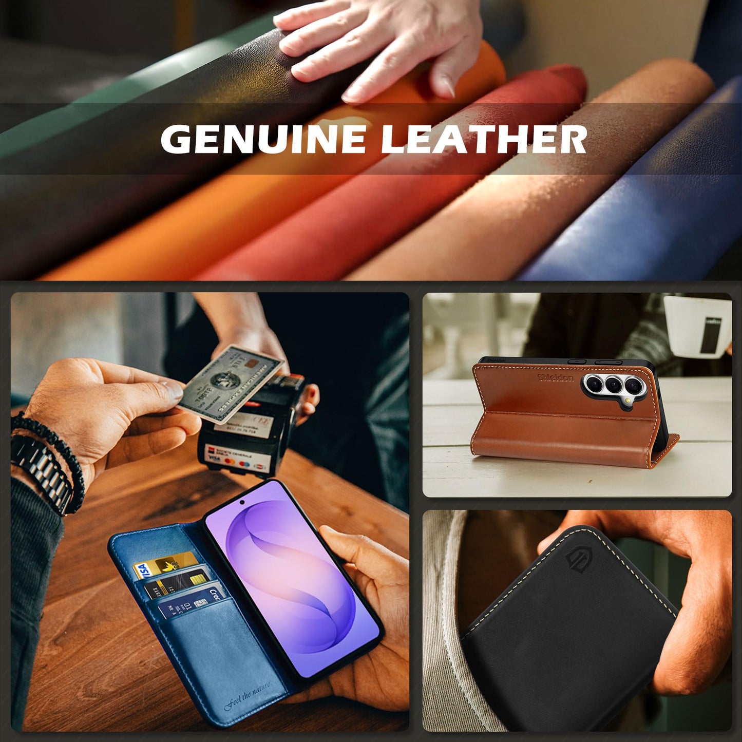 SHIELDON Case for Galaxy S26 Plus 2026, Genuine Leather Wallet Case, RFID Blocking Credit Card Holder Kickstand Magnetic Folio Protective Cover Compatible with Galaxy S26+ 6.7" - Retro Coffee