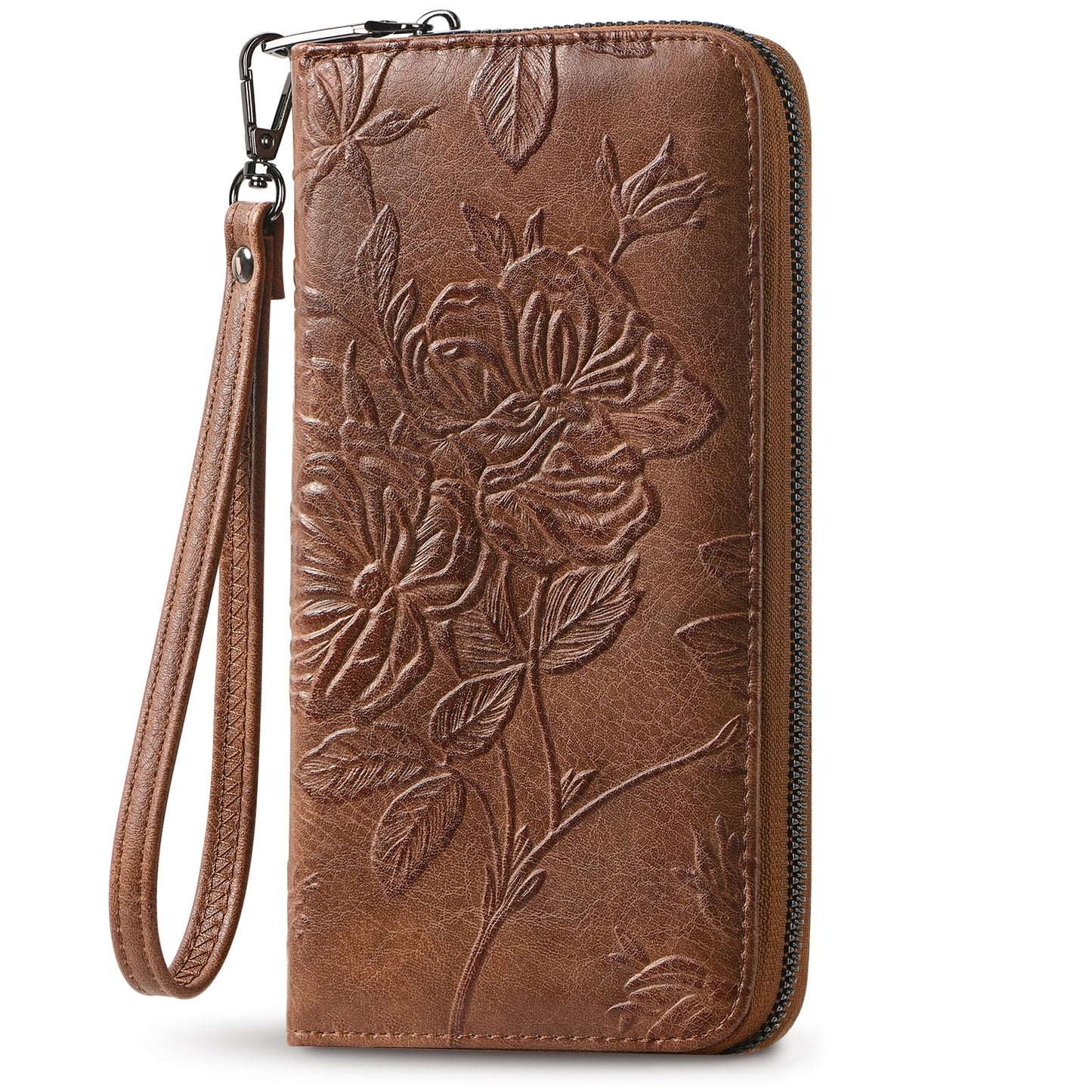 FORUWISH Wallet Women RFID Credit Card Holder Embossed Vegan Leather Large Capacity Brown Wristlet Wallets for Women