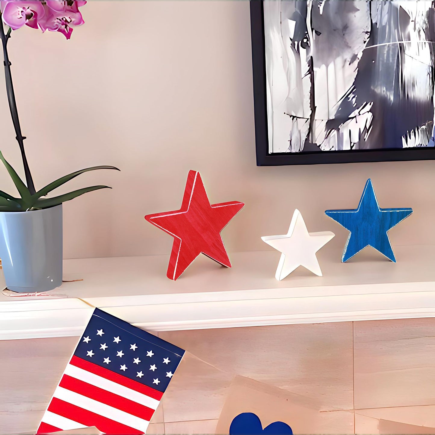 HH Family 4th of July Décor Handmade Rustic Patriotic Wood Stars - Set of 3, Red, White & Blue, Double-Sided Table Signs for Independence Day Decorations (Star1)