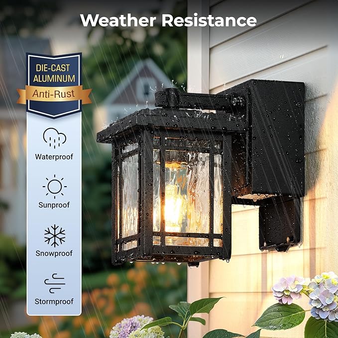 2-Pack Porch Light with GFCI Outlet, Black Dusk to Dawn Outdoor Lantern Wall Mount, Modern Outdoor Sconces Wall Lighting with Glass Shade, Waterproof Outdoor Light Fixtures for House, Garage