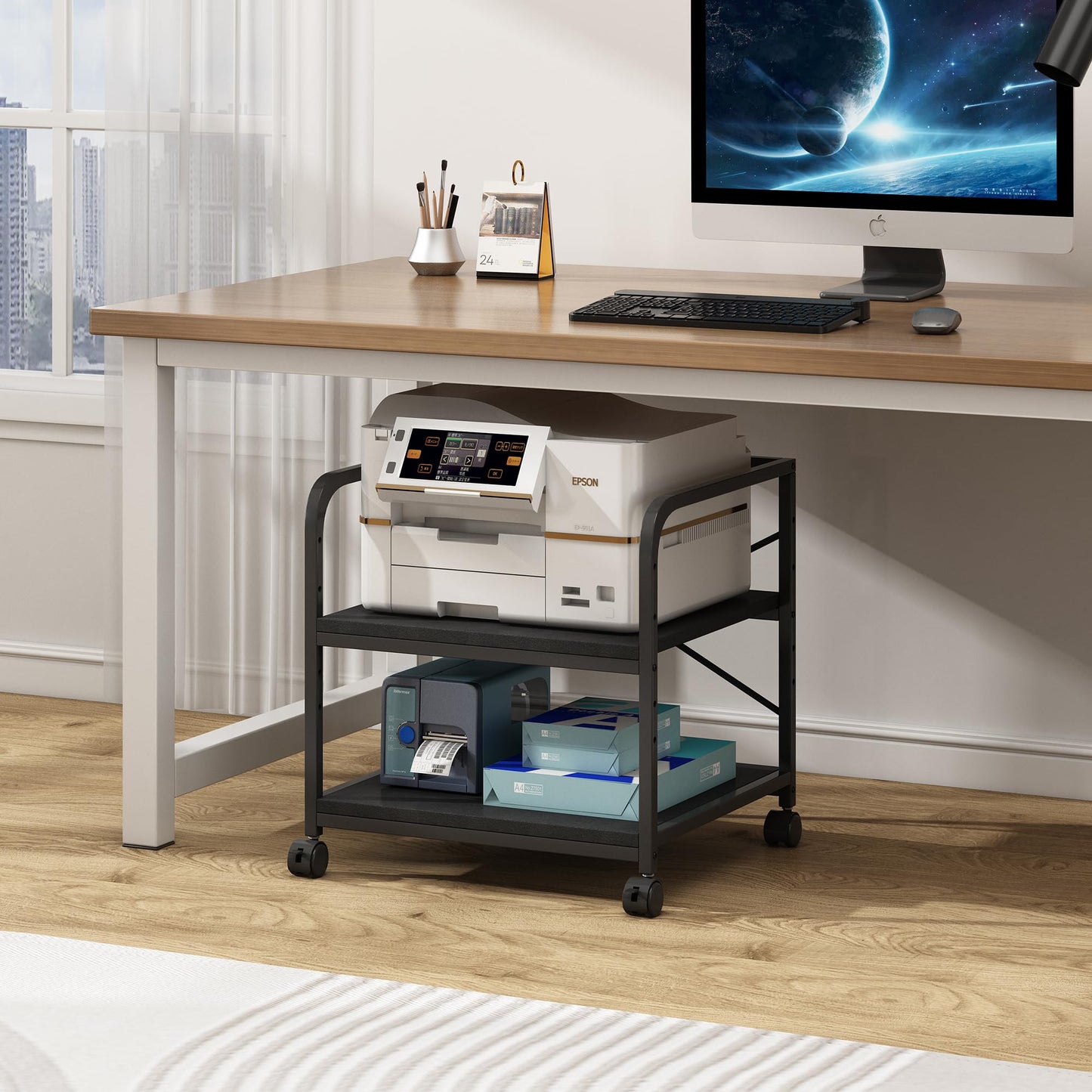 Fannova 2 Tier Under Desk Printer Stand with Storage, 20 Inches Deep Large Printer Table with Height Adjustable Shelf, Rolling Printer Cart with Wheels for Home Office - Black