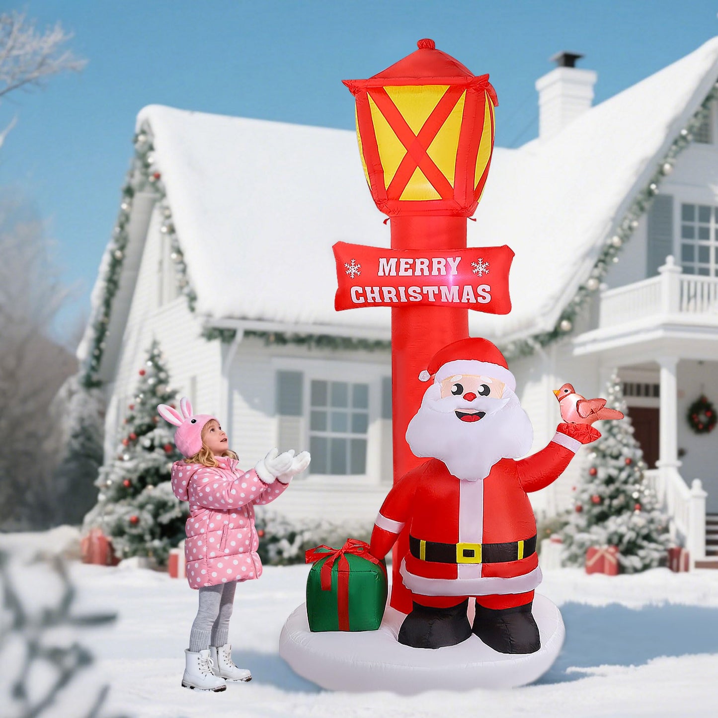 ZaaYee 8FT Christmas Inflatable Yard Decoration, Giant Blow Up Lighthouse with Santa and Redbird with Built-in LED Lights for Front Door Lawn Garden Holiday Display Indoor Outdoor Decor