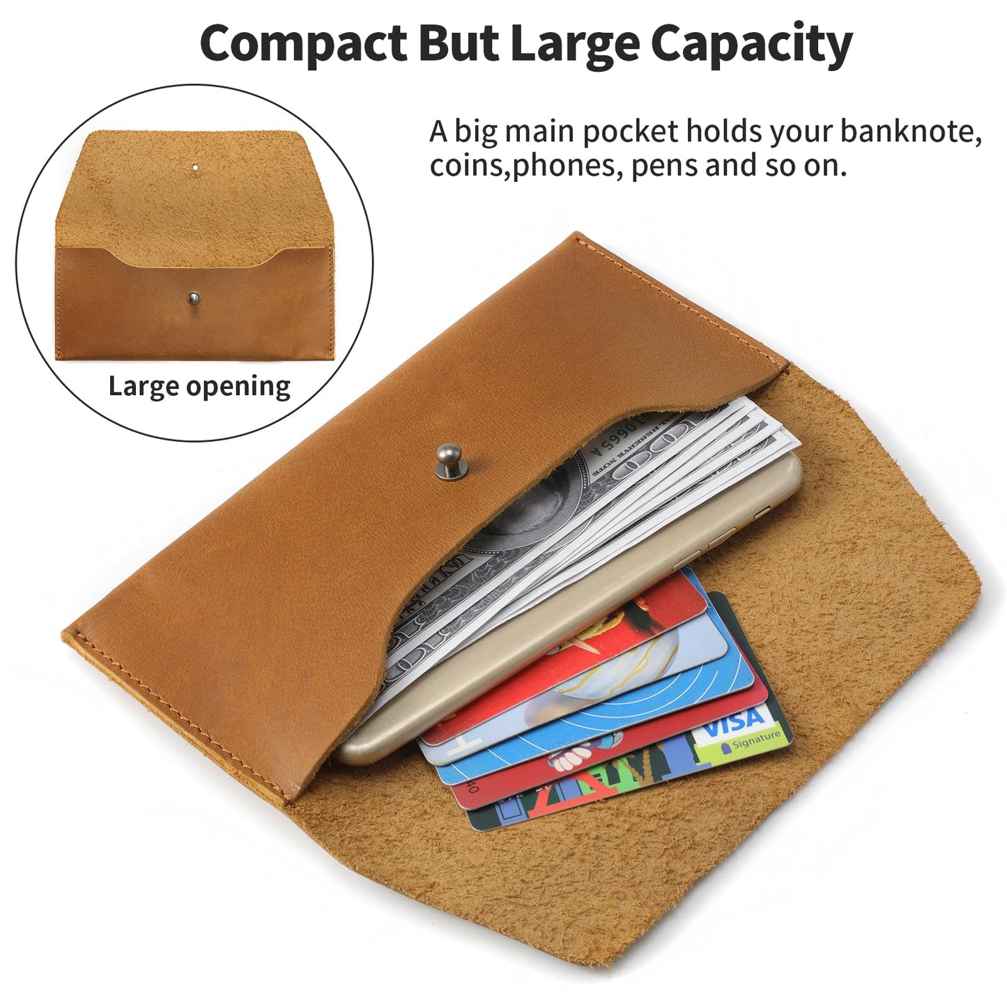 Ringsun Genuine Leather Cash Envelopes, Reusable Budget Envelope, Retro Clutch for Men & Women, Minimalist Wallet, Bourbon Brown