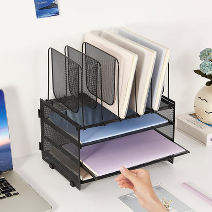 LEKETREE Desk Organizers and Accessories, 3-Tier Paper Organizer with 5 Vertical File Holders, File Folder Organizer (Black, 3T)