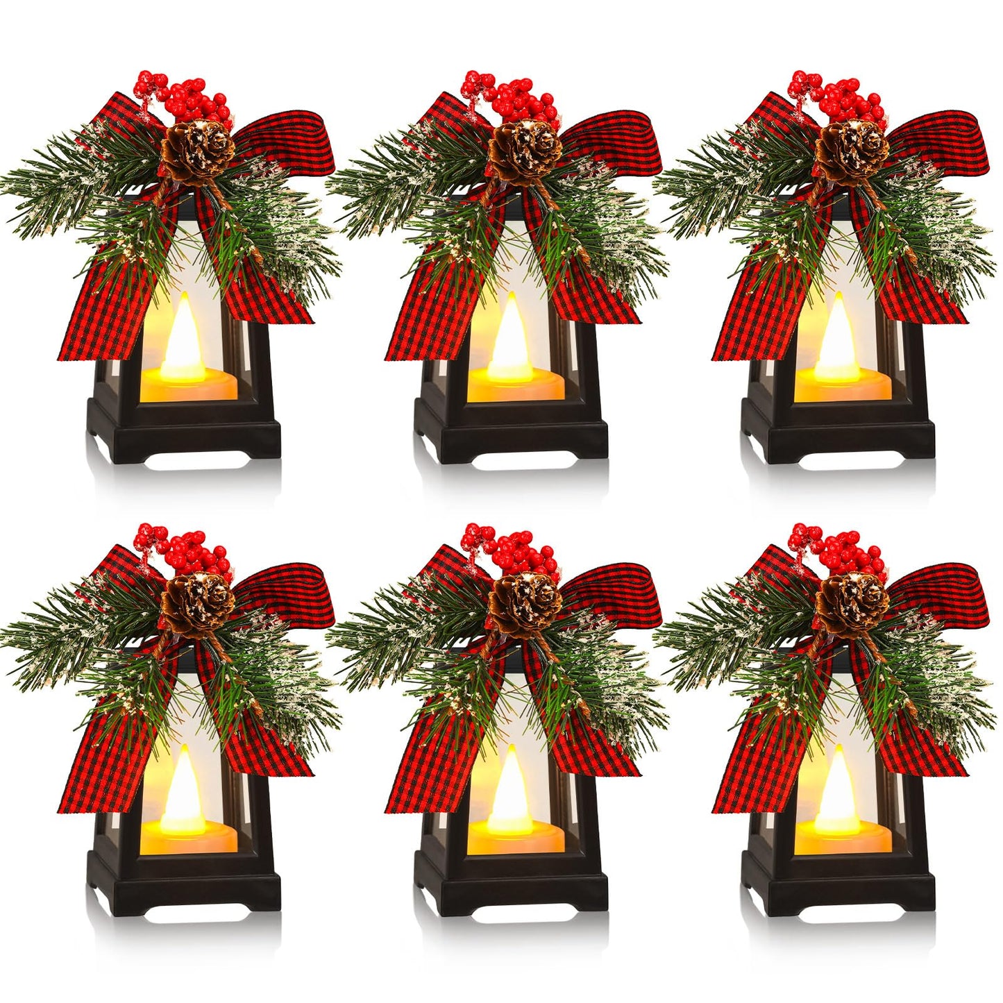 Set of 6 Christmas Mini Decorative Lanterns with Flickering LED Flameless Candle Hanging Lantern Decoration Bulk with Buffalo Plaid Bow Battery Included for Xmas Party (Red Plaid Bow)