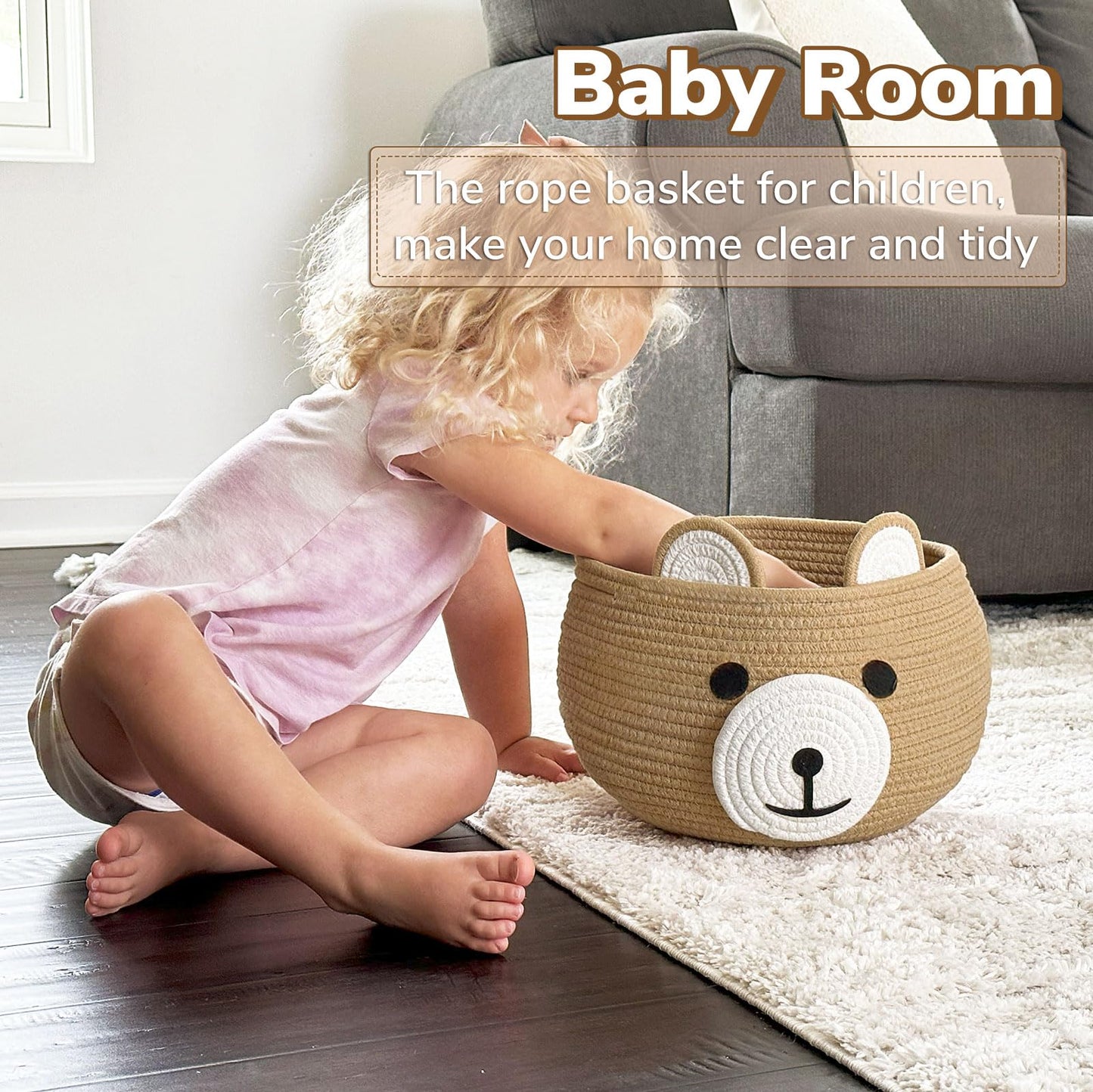CherryNow Cotton Rope Baby Basket for Nursery, Bear Gift Baskets for Kids, Empty Baby Shower Basket with Handles, Small Cute Animal Baskets, Brown, 10.5"D x 8.5"H