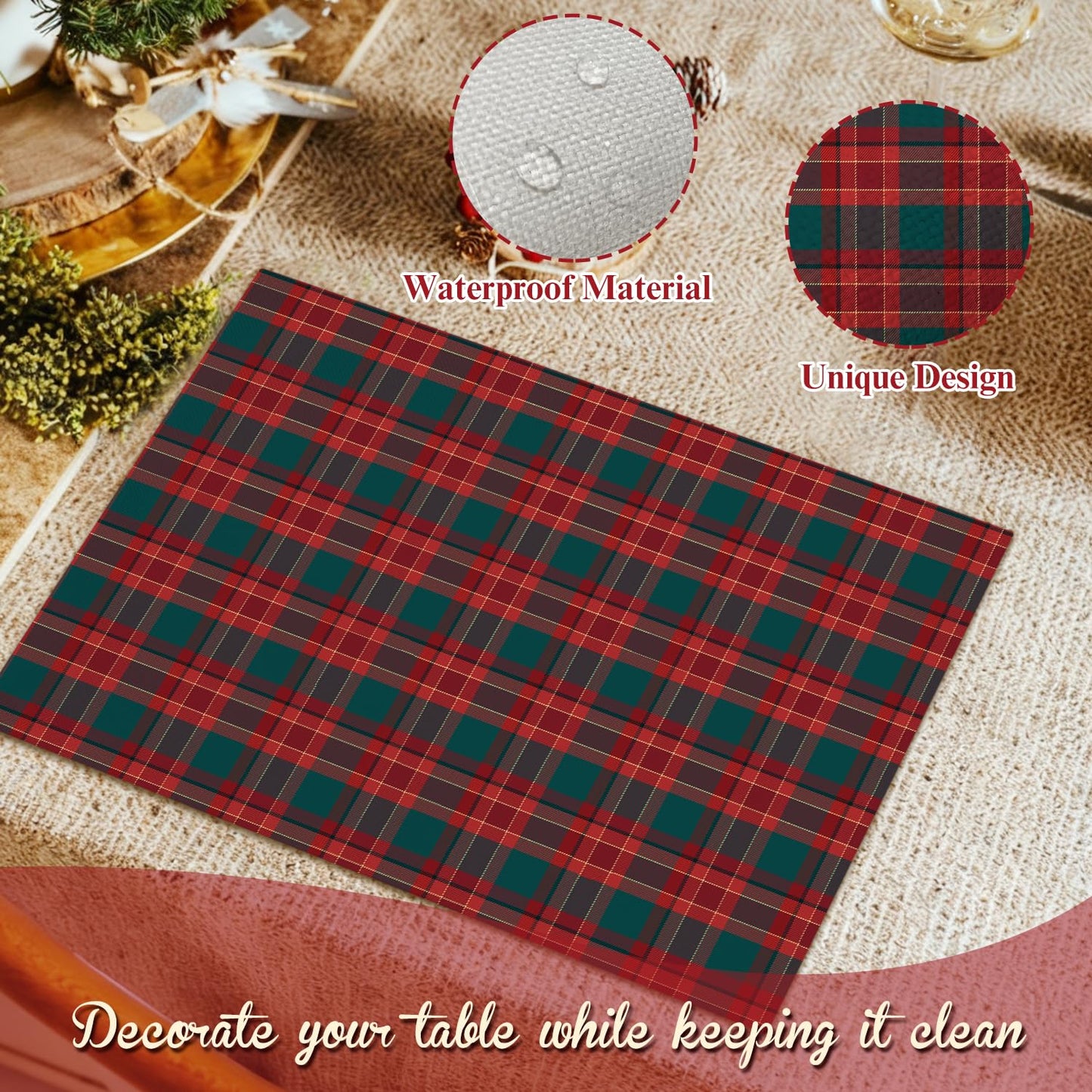 Red Plaid Christmas Placemats Set of 4 Winter Gifts for Christmas Women Rustic Holiday Placemats Decor for Xmas Party Outdoor Home Kitchen Dining Recyclable Table Mats 12x18 inch - DH730