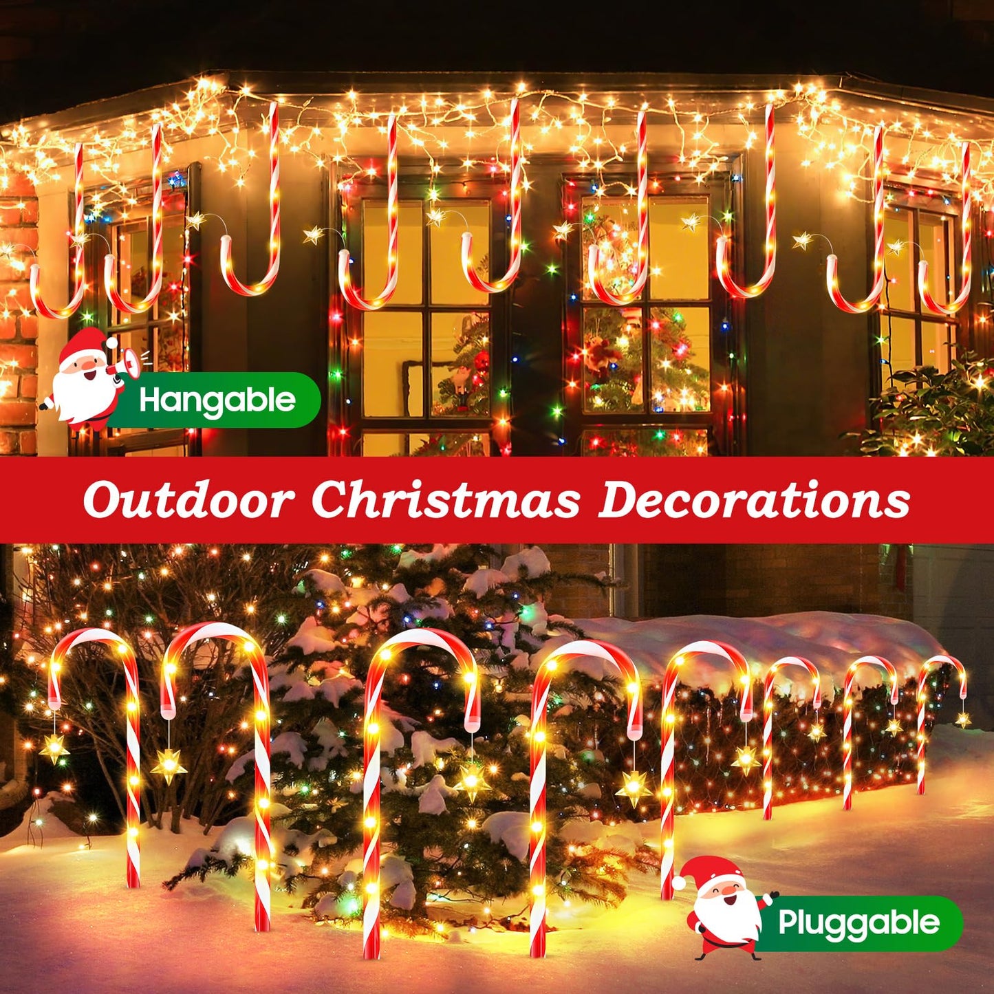 24 Pack Upgraded Solar Candy Cane Lights Outdoor, Christmas Decorations Outdoor Solar Christmas Pathway Lights Waterproof with USB Charging 10 Modes for Yard Garden Lawn Path Walkway Party Xmas Decor