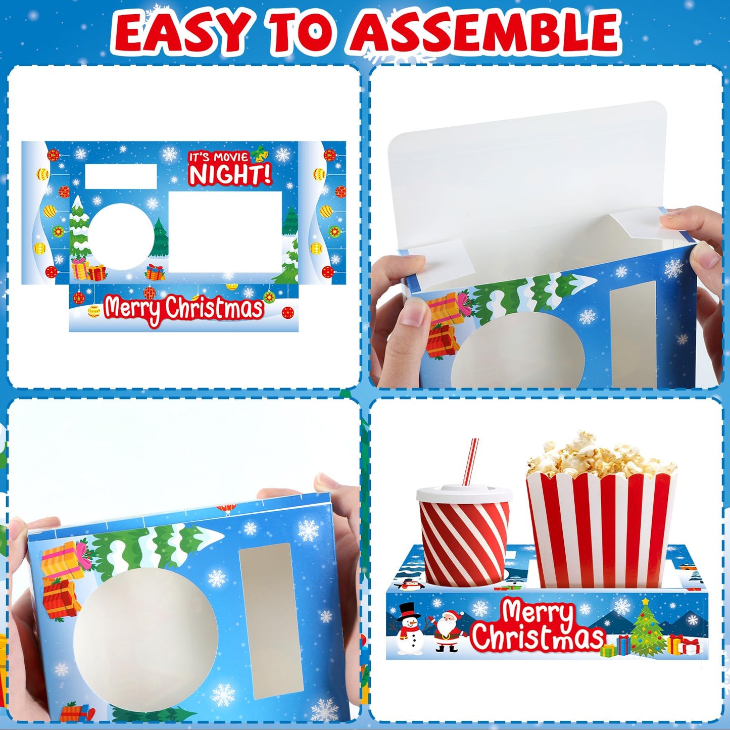 QOUBAI 50Pcs Christmas Party Supplies Movie Night Paper Snacks Boxes Xmas Movie Theater Snack Tray Party Decorations Popcorn Drink Holder Set for Christmas Xmas Tree Snowman Birthday Holiday