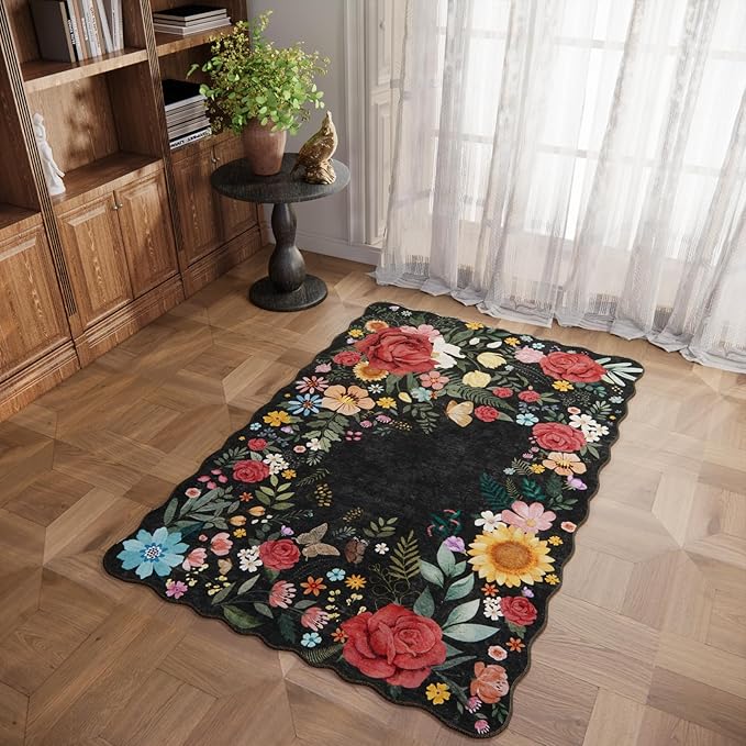 Washable Entryway Small Area Rugs: Door Mat Indoor Entrance 4x6 Floral Rug Ultra Thin Stain Resistant Non Slip Low Pile Lightweight Carpet for Bedroom, Kids Room, Farmhouse Decor (Black)