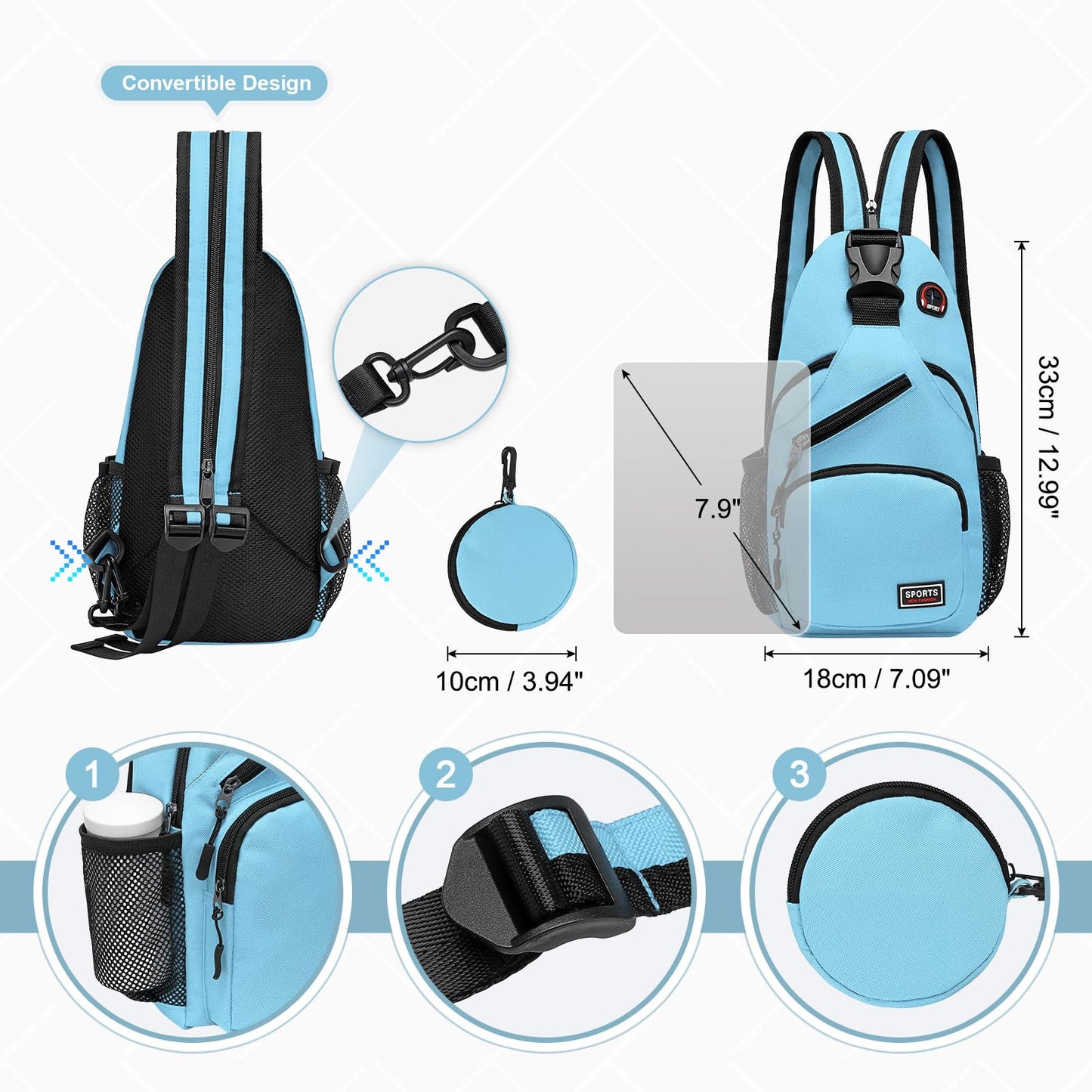 SUIKIHUM Convertible Sling Bag with Coin Pocket, 7.9" Tablet Crossbody Mini Backpack with Headphone Jack Casual Pack for Women Men Travel, Blue
