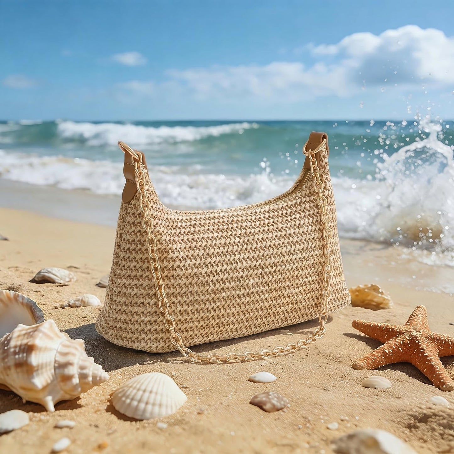 XquiziFit Beach Bags for Women Summer Straw Purse Boho Woven Shoulder Bag Crochet Purse Vacation Tote Handbag Khaki