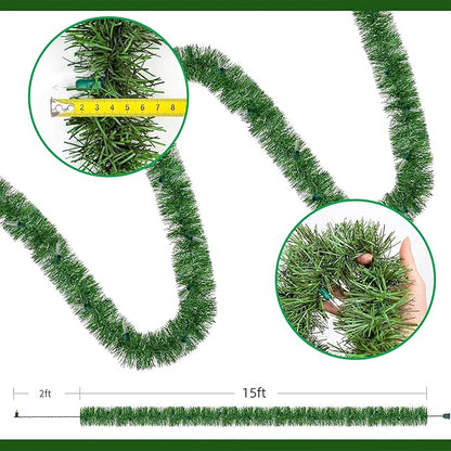 WATERGLIDE Lighted Christmas Green Garland 15FT, with Clear String Lights, Pre-lit Artificial Greenery Garlands, Plug in & Connectable Xmas Lights for Indoor Outdoor Holiday Party Decor