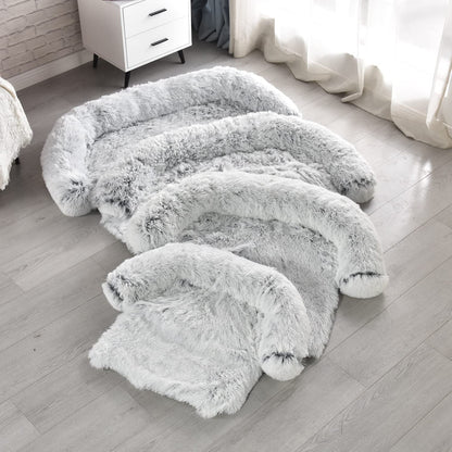 Dekeyoo Waterproof Calming Dog Bed, Pet Couch Protector Plush Dog Mat Dog Sofa, Pet Furniture Cover with Soft Neck Bolster, Machine Washable Silver Gray Large