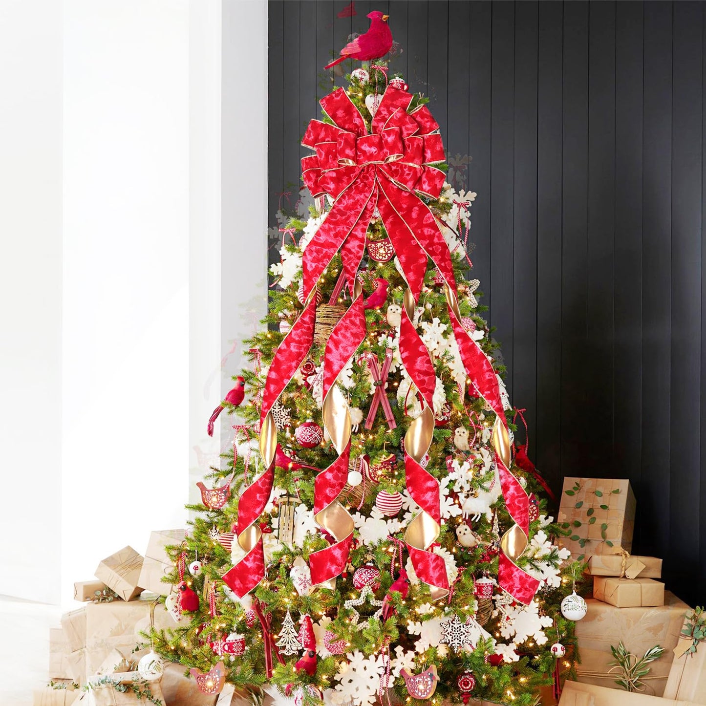 Christmas Tree Topper Christmas Wreath Bow, 52 * 13 inches Tree Toppers Bow with Grinding Ring Patterned Velvet Ribbon for Xmas Tree Christmas Rustic Farmhouse Home Holiday Party Decorations Red