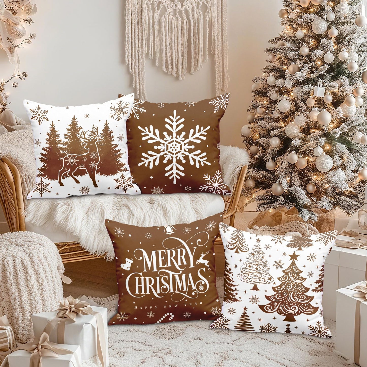 Lanpn Christmas Throw Pillow Covers 18x18 Set of 4, Merry Christmas Winter Xmas Snowflake Decorative Holiday Cushion Pillow Cases 18 x 18 for Outdoor Indoor Farmhouse Home Room Couch Decor (Brown)