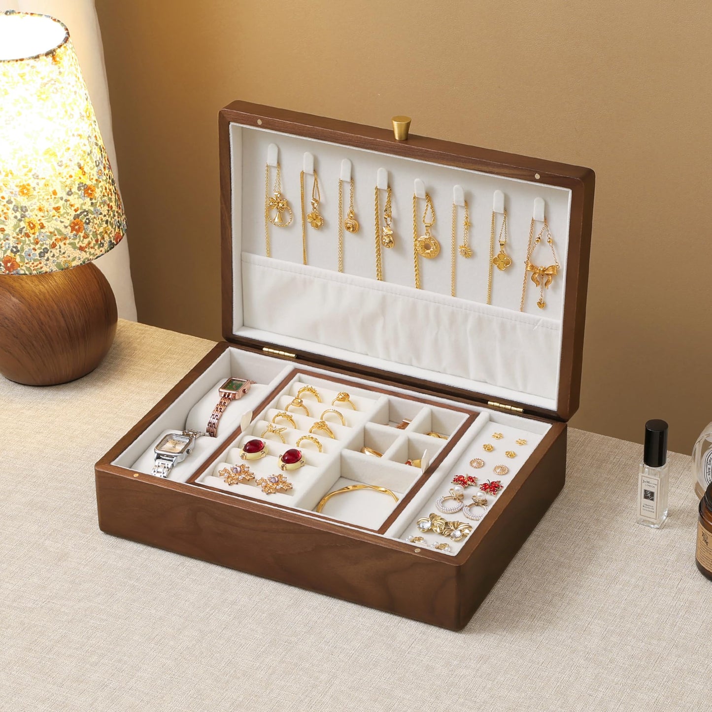 Black Walnut Wooden Jewelry Box, 2 Layer Large Natural Solid Wood Jewelry Organizer Storage with Removable Tray for Necklace Ring Earrings Watch Bracelet, Velvet Lined Box Gifts for Mom, Women, Girls