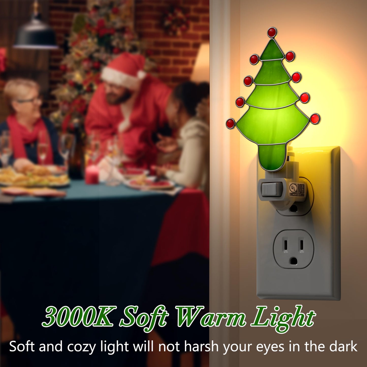 KUNDGLA Night Light Plug into Wall Stained Glass Christmas Tree Pretty Night Lights Plug in 7W Warm White Light Decorative Accent Nightlight Silver Chrome Nightlights Home Decor Gift for Grandkids