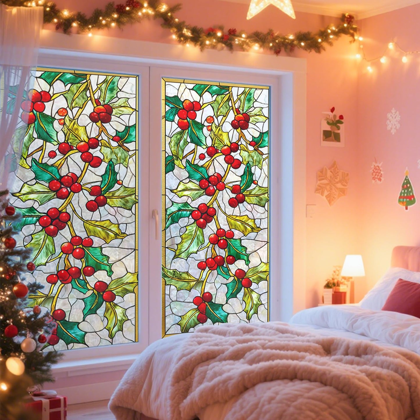 Nuxovilar Stained Glass Christmas Window Films, 17.5×39.7inch, Holiday Static Decorations for Seasonal Ambiance in Living Room, Office or Storefront - Red Mosaic Christmas Tree with Gold Star -Sparkle