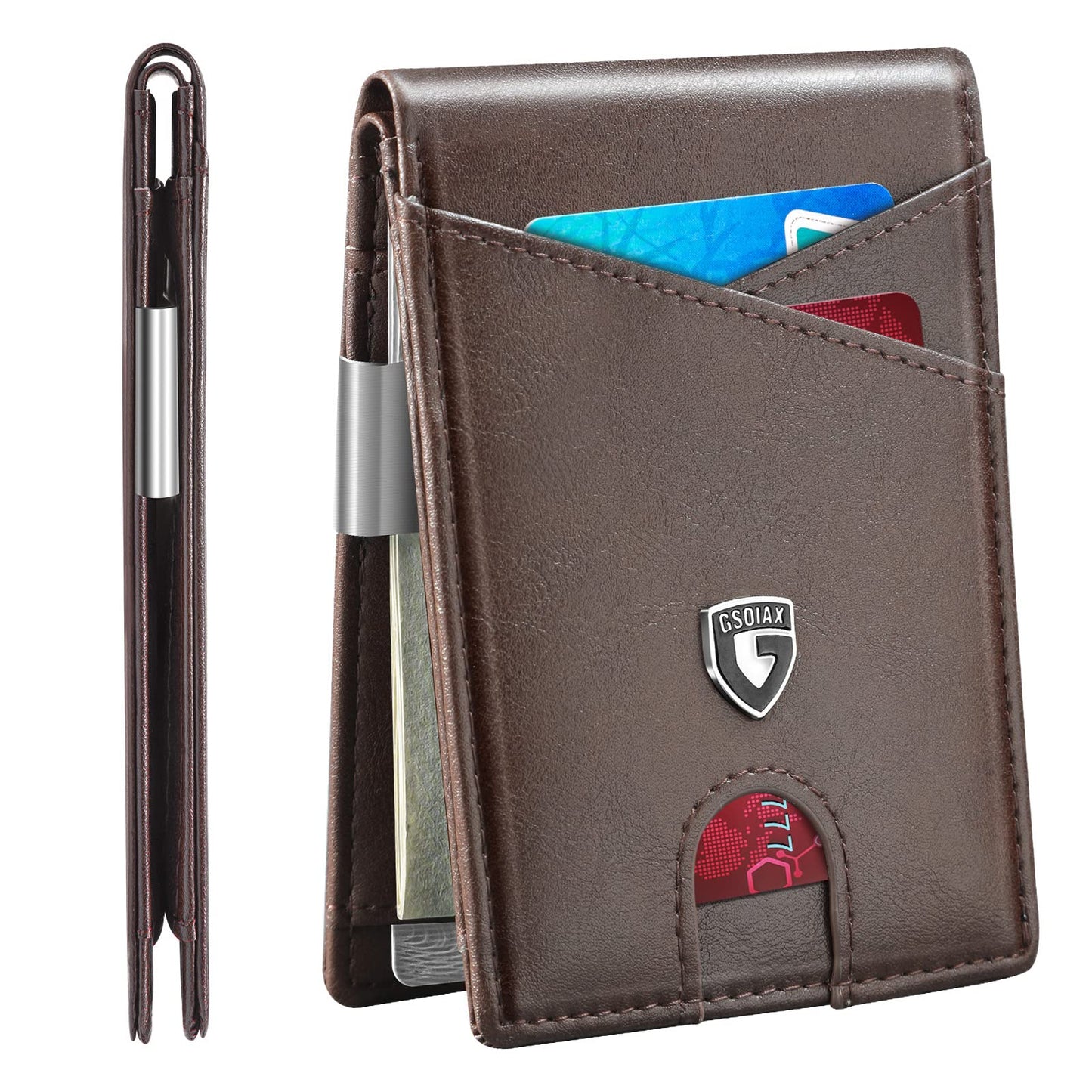 GSOIAX Slim Leather RFID Bifold Wallet for Men Minimalist Front Pocket Wallet with Money Clip,12 Card Slots,ID Window,Cool Groove Design,Includes Gift Box (Leather Brown)