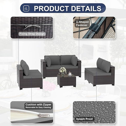 Kurapika 7 Pieces Patio Furniture Set, Rattan Wicker Outdoor Conversation Sets w/4 Inch Cushion and Glass Coffee Table(Grey)