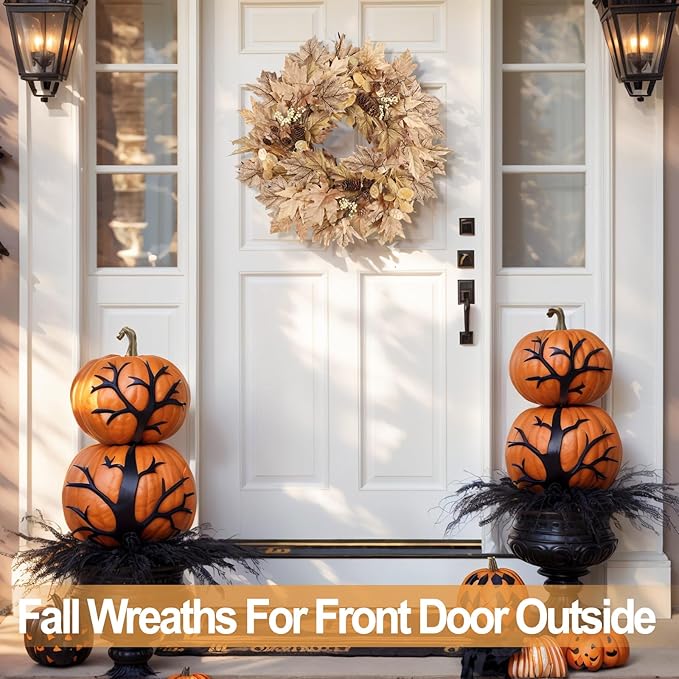 22 Inch Fall Wreaths for Front Door Outside Timer Function Pinecones Berries Autumn Fall Wreaths with 30 Warm Lights Home Porch Door Yard Harvest Mantle Window Decor